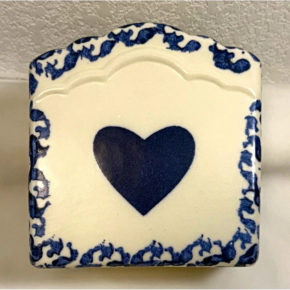 Jacquesmeier’s Handcrafted Blue White Spongeware Heart Pottery Napkin Holder